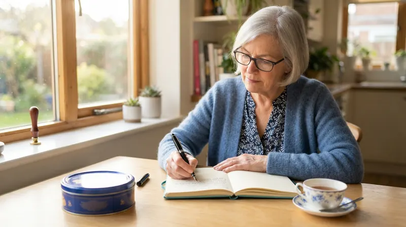 An older woman with silver hair writing with a fountain pen in a teal hardbound journal at a sunny kitchen table