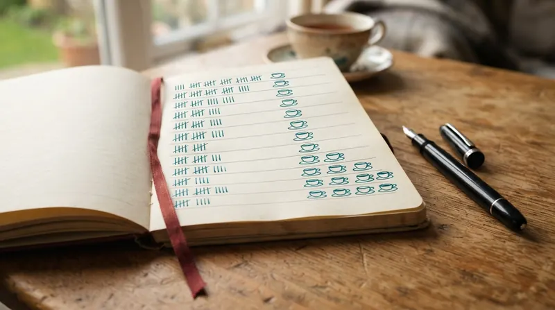 A hand-drawn chart on aged ivory paper showing tally marks and small cups sketched in teal ink