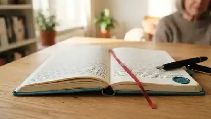 A red ribbon bookmark lying across the open pages of a teal journal beside a fountain pen, slow pan
