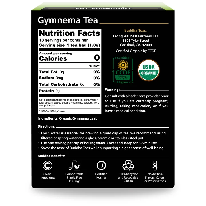 The back panel of the Buddha Teas Gymnema Tea box with the Nutrition Facts, ingredients, directions and caution